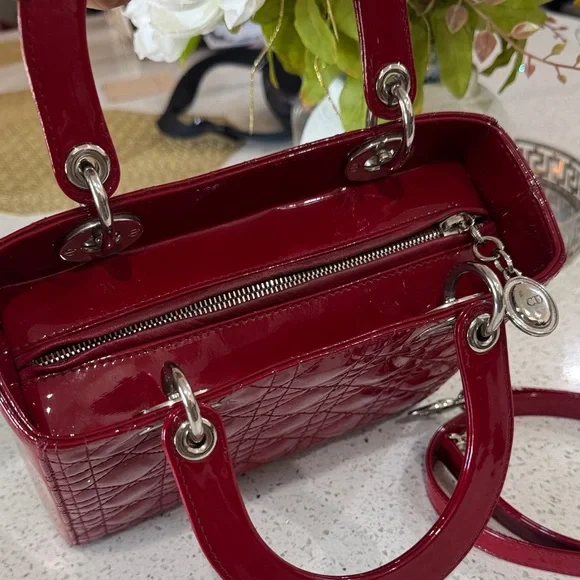❤️Dior Red Patent Quilted Lady Dior Satchel with Silver Hardware - Picture 14 of 17